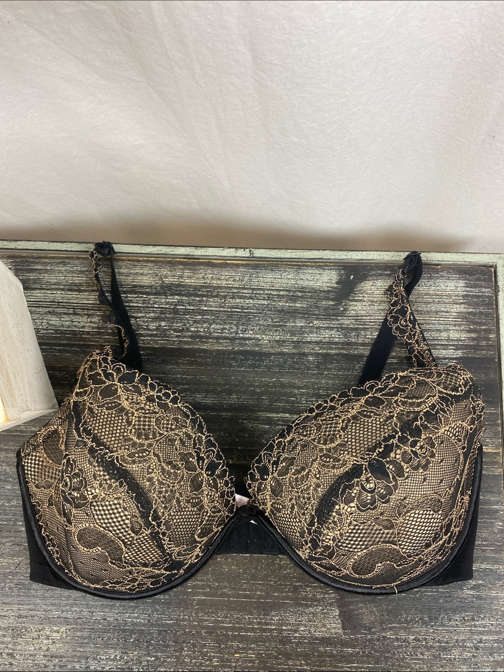 Cacique Black & Taupe Lace Contour Cup Underwire Bra 38DDD 38F